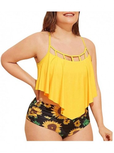 Sets Sunflower Swimsuit for Women Two Piece Flounce Ruffled Tankini Bathing Suits High Waisted Bikini Swimwear Set Yellow - C...