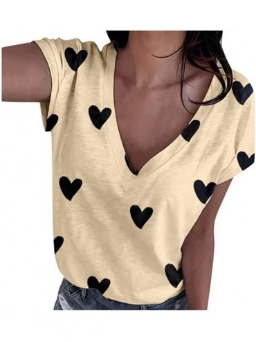 One-Pieces Women's V-Neck Tshirt Tunic Heart Print Casual Tees Comfy Summer Casual Blouse - Yellow - CV190SMMD4Q $29.25