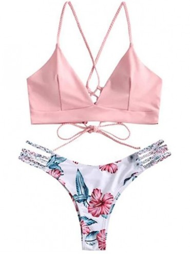 Sets Women Sexy Push-up Padded Bikini Set V Neck Spaghetti Strap Bra Thong Swimwear Pink - CI18REKTUR0 $23.81