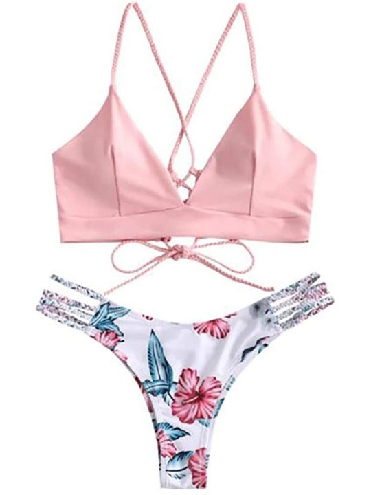 Sets Women Sexy Push-up Padded Bikini Set V Neck Spaghetti Strap Bra Thong Swimwear Pink - CI18REKTUR0 $12.37
