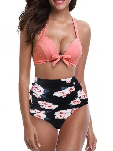 Sets Womens Retro Two Piece Swimsuits Vintage High Waisted Swimwear Halter Bathing Suits - Red 1 - CV18KA74ADR $33.57