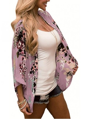 Cover-Ups Women Chiffon Printed Cardigan Kimono Robe Tops Beach Bikini Cover up Blouse - 001-pink Floral - CT18RWI47QW $13.97