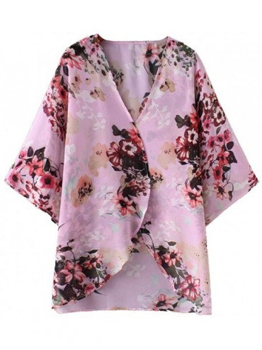 Cover-Ups Women Chiffon Printed Cardigan Kimono Robe Tops Beach Bikini Cover up Blouse - 001-pink Floral - CT18RWI47QW $13.97