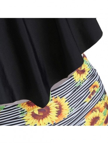 Tankinis Women's Swimwear Split Two-Piece Swimsuit Top Ruffle Print High Waist Bottom Bikini Set - E-black - CM18TZZ8UQO $18.38