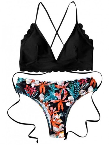 Sets Women's High Waist Bikini Set Scalloped Hem Lace Up Tropical Print Padded Bra Two Piece Swimsuit - H - CJ19074HGHG $40.86