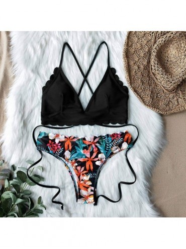Sets Women's High Waist Bikini Set Scalloped Hem Lace Up Tropical Print Padded Bra Two Piece Swimsuit - H - CJ19074HGHG $20.43