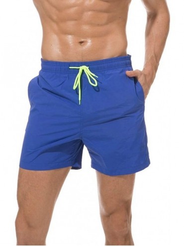 Trunks Men's Swim Trunks Solid Color Quick Dry Drawstring Lightweight Beach Shorts with Elastic Waist and Pockets - Blue - CZ...