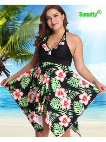 Sets Women's Plus Size Swimsuit Floral Printed Plus Swimwear Tankini Two Pieces Swimdress 2XL-6XL - Black Green - C318RC45WOI...