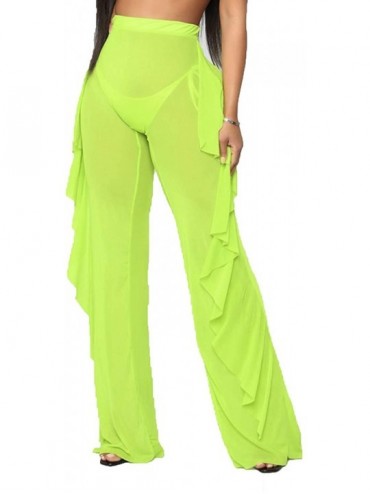 Cover-Ups Women's Perspective Sheer Mesh Ruffle Pants Swimsuit Bikini Bottom Cover up - Y Green - C518QOWMCKC $27.43