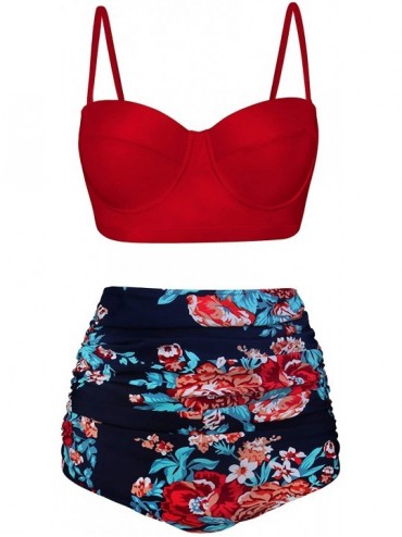 Tankinis Women Vintage Polka Dot High Waisted Bathing Suits Bikini Set - Old Size-red - C718LS3N3O8 $51.83