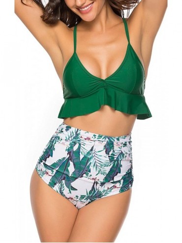 Sets High Waisted Flounce Bikini Set-Tummy Control Swimsuits for Women Two Piece-Off Shoulder Bathing Suit - Green - CR18TMYX...