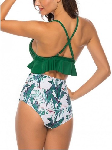 Sets High Waisted Flounce Bikini Set-Tummy Control Swimsuits for Women Two Piece-Off Shoulder Bathing Suit - Green - CR18TMYX...