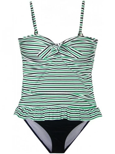 Tankinis Women's Retro Ruffle Tankini Bikini Swimsuit Set - Green Black Stripe - CB12DJLOCWZ $40.75