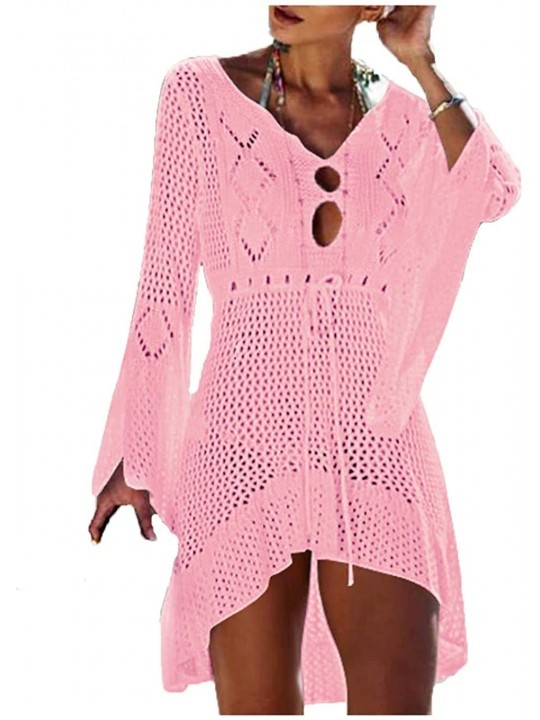Cover-Ups Beach Tops Sexy Perspective Cover Dresses Bikini Cover-ups Net Coverups - Hollow Out Pink - CR18RTW68UC $21.40