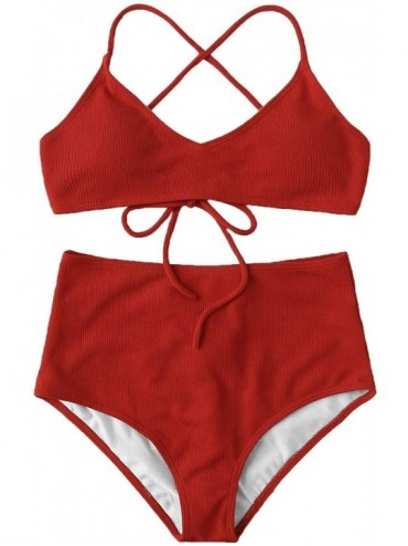 Sets Women's Solid V Neck Criss Cross Ribbed Bikini Set High Waisted Swimsuit - Red - C2194R0KL9H $37.25