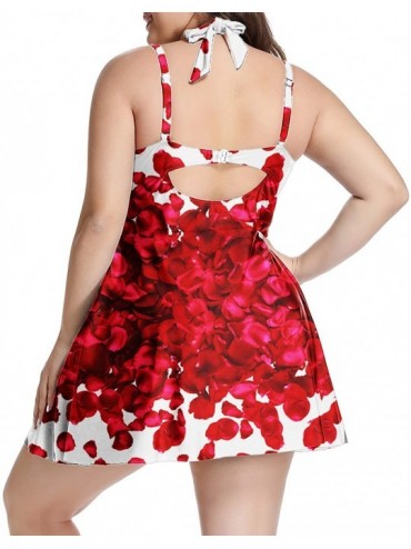 Tankinis Womens Halter Swimdress Plus Size Two Piece Swimsuit Tankini Set - Red Rose - CG195ZSOXO6 $29.86