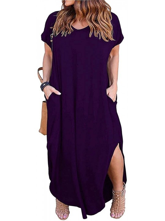 Cover-Ups Women's Plus Size Casual Loose Pocket Long Dress Short Sleeve Plus Size Slit Maxi Dress XL-5X - Purple - CU197X2QKO...