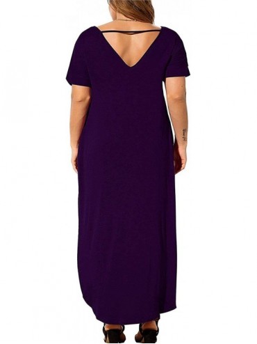 Cover-Ups Women's Plus Size Casual Loose Pocket Long Dress Short Sleeve Plus Size Slit Maxi Dress XL-5X - Purple - CU197X2QKO...