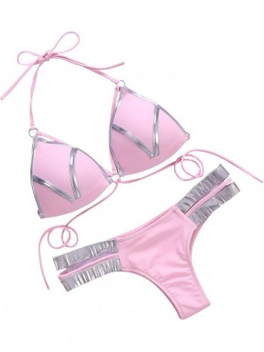 Sets Women's 2 Piece Sexy Swimsuits Off Shoulder Triangle Bikini Set Thong Brazilian - Pink - CO18RR0NTXZ $26.25