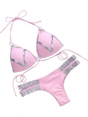 Sets Women's 2 Piece Sexy Swimsuits Off Shoulder Triangle Bikini Set Thong Brazilian - Pink - CO18RR0NTXZ $26.25