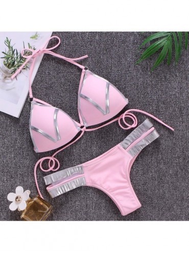 Sets Women's 2 Piece Sexy Swimsuits Off Shoulder Triangle Bikini Set Thong Brazilian - Pink - CO18RR0NTXZ $11.25