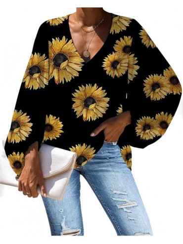 Cover-Ups Deep V Neck Tops and Blouses for Work Sunflower Cover Up Batwing Long Sleeve Loose Shirts - Sunflower 8 - CP1932E4W...