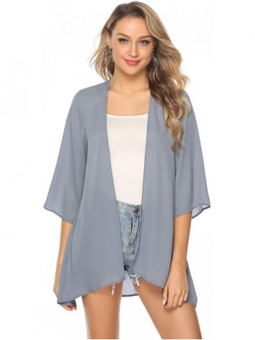 Cover-Ups Women 3/4 Sleeve Floral Chiffon Casual Loose Kimono Cardigan Capes - Solid Grey - CZ18RS6A3OA $34.84
