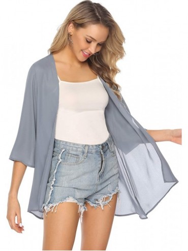 Cover-Ups Women 3/4 Sleeve Floral Chiffon Casual Loose Kimono Cardigan Capes - Solid Grey - CZ18RS6A3OA $18.83