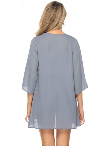 Cover-Ups Women 3/4 Sleeve Floral Chiffon Casual Loose Kimono Cardigan Capes - Solid Grey - CZ18RS6A3OA $18.83