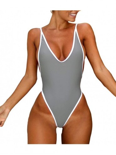 One-Pieces Sexy Womens Monokini Deep V One Piece Backless Cheeky Swimwear Semi Thong Bikini - Grey - CX1800K2WRR $33.30