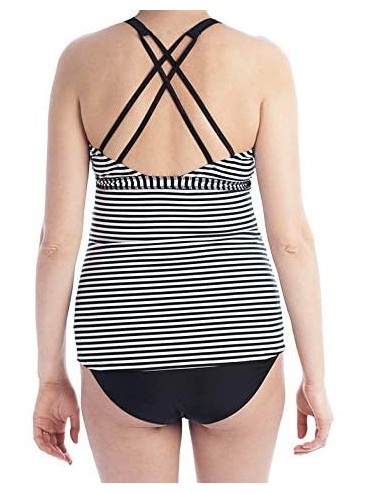 Tankinis Cross Back Maternity Swimwear-Pregnancy Swimsuits-Bathing Suit-Maternity Tankini Top - Black/White Stripe - CP18NUI4...