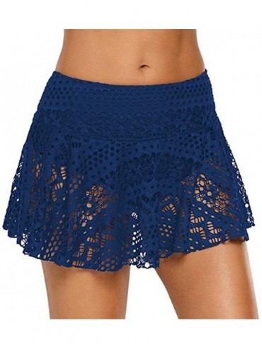Bottoms Womens Crochet Lace Skirted Bikini Bottom Solid Short Swim Skirt Swimsuit - Navy Blue - CY18R8O6TCO $62.84
