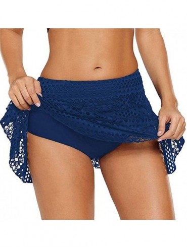 Bottoms Womens Crochet Lace Skirted Bikini Bottom Solid Short Swim Skirt Swimsuit - Navy Blue - CY18R8O6TCO $40.81