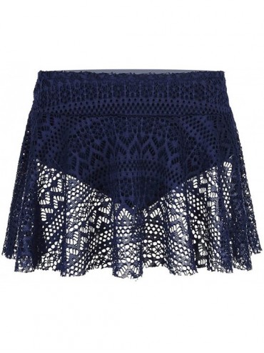 Bottoms Womens Crochet Lace Skirted Bikini Bottom Solid Short Swim Skirt Swimsuit - Navy Blue - CY18R8O6TCO $40.81