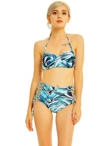 Sets Women's Two Piece Off Shoulder Leaves Printing Padding Bikini Top with Halter High Waisted Bottoms Swimsuit Swimwear - G...