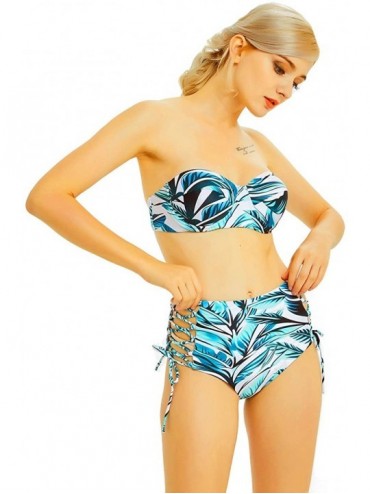 Sets Women's Two Piece Off Shoulder Leaves Printing Padding Bikini Top with Halter High Waisted Bottoms Swimsuit Swimwear - G...
