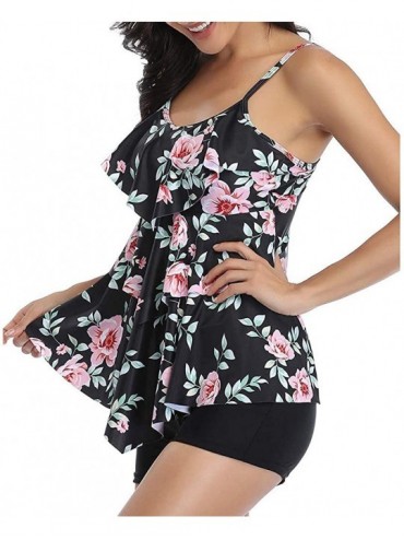 Tops Women's Tankini Set Ruffle Tummy Control Swimsuits Top Shorts Bathsuit - Red Floral - CC196ILNHAO $17.88