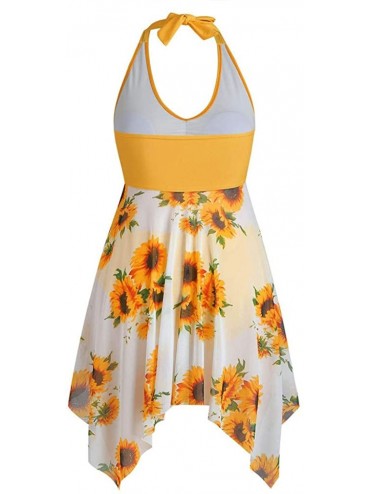 Racing Swimsuits for Women Swimdress Bathing Suit Sunflower Bowknot Halter Bikini Set Swimwear Plus Size - Orange - CK195XZ9T...