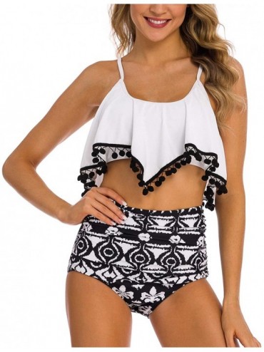 Sets Women's High Neck Two Piece Bathing Suits Top Ruffled High Waist Swimsuit Tankini Bikini Sets - White-black - C218QZYY06...