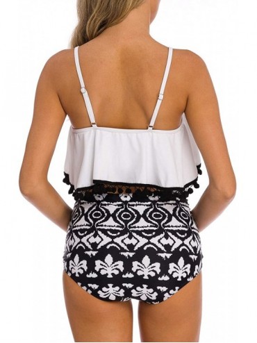 Sets Women's High Neck Two Piece Bathing Suits Top Ruffled High Waist Swimsuit Tankini Bikini Sets - White-black - C218QZYY06...