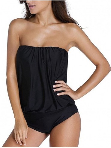 Sets Womens Solid Strapless Tankini Bandeau Top 2 Pieces Beachwear Swimsuit - Black - CE12N1FSR7T $27.66