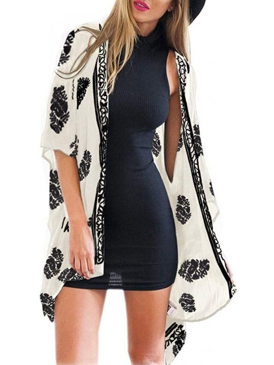 Cover-Ups Women Kimono Cardigan Floral Printed Casual Loose Beachwear Cover ups Tops - A Ivory White - CN18H9ITHTX $15.58