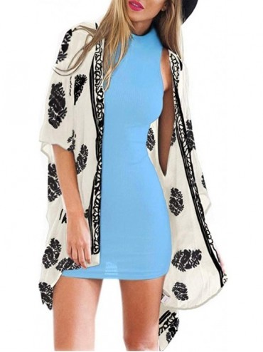 Cover-Ups Women Kimono Cardigan Floral Printed Casual Loose Beachwear Cover ups Tops - A Ivory White - CN18H9ITHTX $15.58
