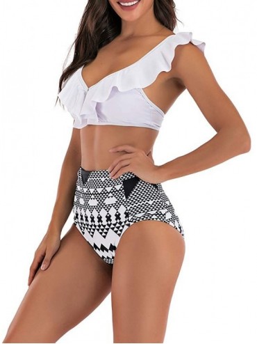 Sets Womens Ruffled Floral Print Two Piece Swimsuits Deep V Neck Bikini High Waisted Push Up Bathing Suits - White - CG192XDM...