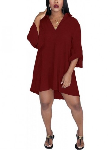 Cover-Ups Summer Casual Henley V Neck Half Sleeves Long Shirt Dress Blouse Mini Dress - Red - CP193IW54QW $44.01