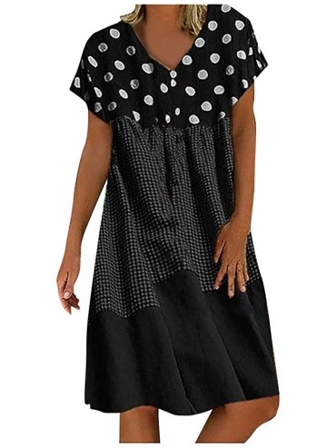 Bottoms Women's Summer Cotton Linen Stripe Polka Print Patchwork V-Neck Short Sleeve Dress Loose Casual Bohemia Mini Dress - ...