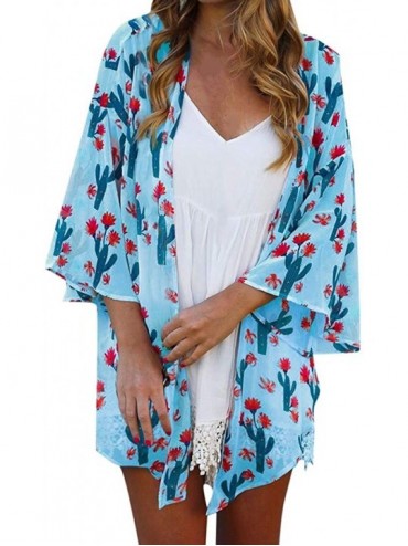 Cover-Ups Womens Kimono Cardigan- Boho Loose Half Sleeve Cover Up Smock Tops Blouses - 01 Blue - CF18TOEU68R $32.25