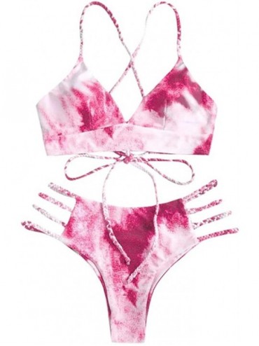 Sets Women's Tie Dye Swimsuit Set 2 Piece Sexy Bathing Suit Bikini Thong Swimwear Strap Cross Bikini - B Pink - CS19C6QG9GA $...