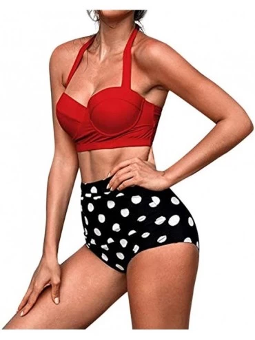 Sets Women High Waist Bikinis Swimwear Swimuit Female Retro Beachewear Bikini Set - Red-1 - CI18R0MWWHK $30.62