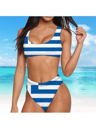 Sets Greece Flag Bikini Sets Two Piece Swimsuit Low Scoop Crop Top High Waisted Cheeky Bottoms Women - Blue - CF18UMMD629 $28.35